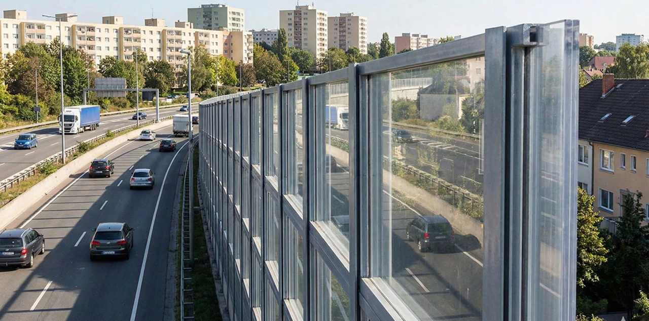 Een stedelijk geluidsscherm gemaakt van PMMA platen bij een snelweg