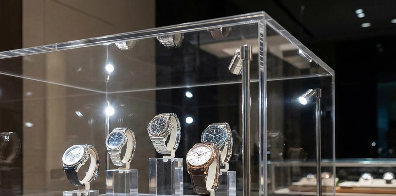 An acrylic display case in a watch shop